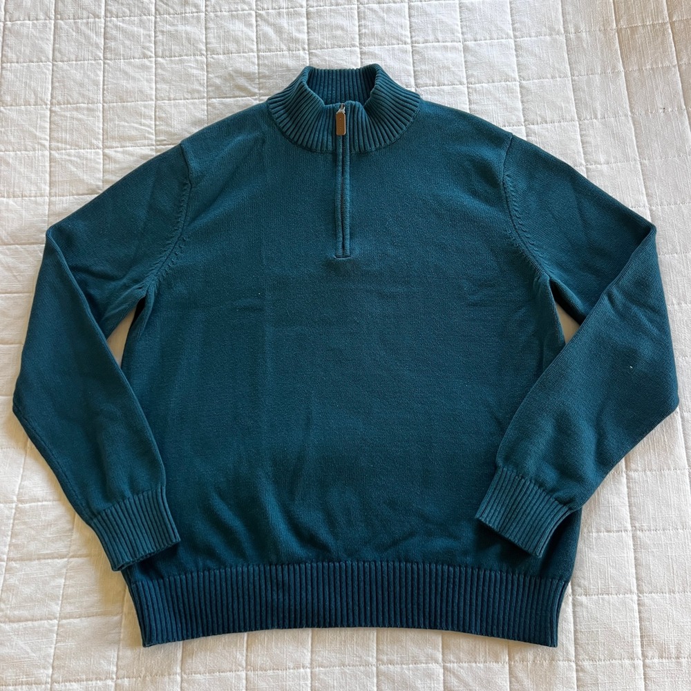 St. Johns Bay Mens XL 1/4 Zip Cotton Sweater Teal Blue Mock Neck Pullover